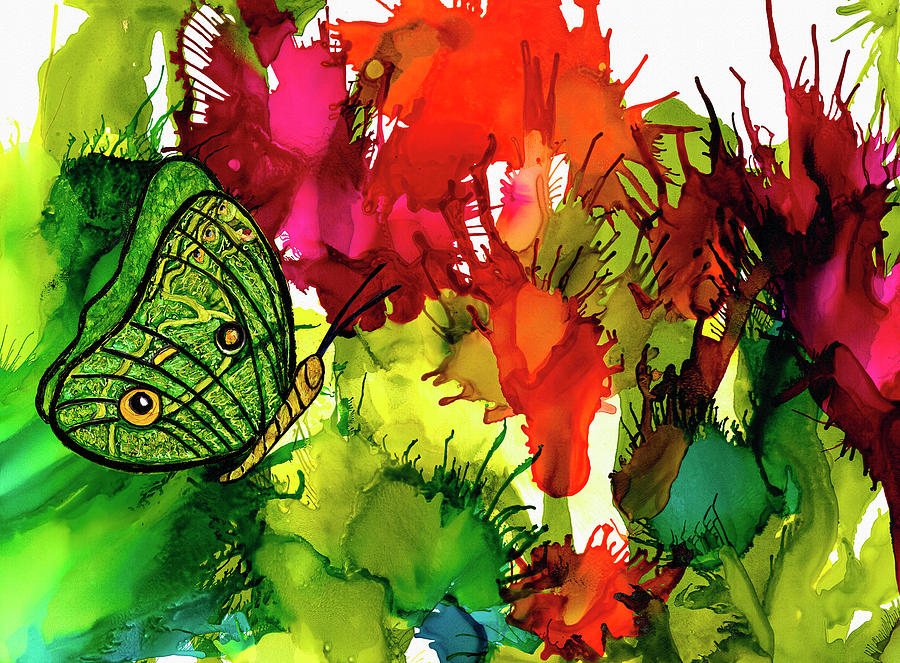 Joyful Explosion Colorful Flowers and Butterfly Alcohol Ink  Painting by Deborah League