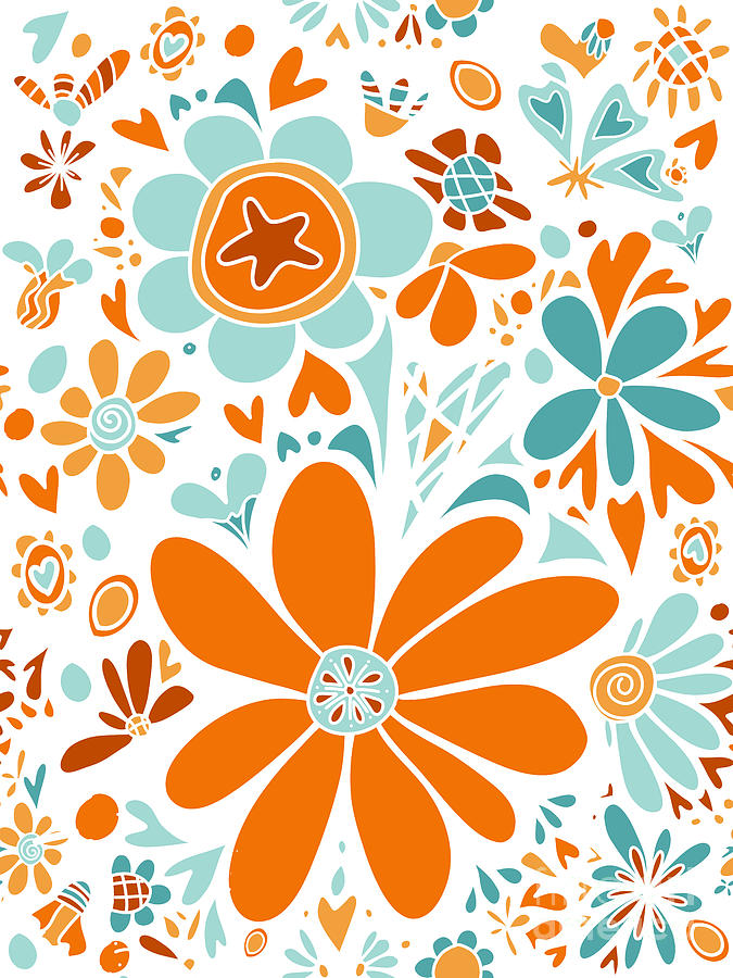 Joyful Floral Orange and Blue Pattern Design Digital Art by Patricia Awapara