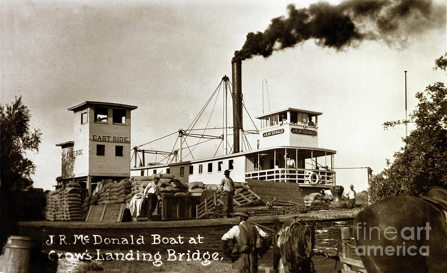 Boat Photograph - J.R. McDonald Boat at Crows Landing Bridge Circa 1911 by Monterey County Historical Society