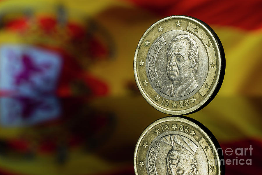 Juan Carlos I King of Spain Euro Coin with Spain Flag Blurred in the Background Photograph by Pablo Avanzini