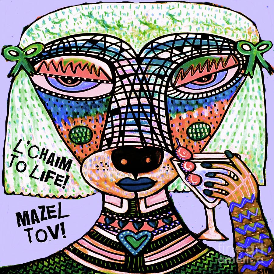 JUDAICA Cheers Mazel Tov Dog Painting by Sandra Silberzweig