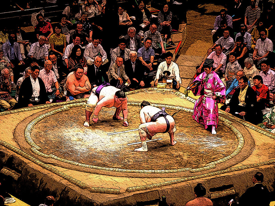 Judge and sumo wrestlers in the Tokyo Grand Sumo Tournament, Japan