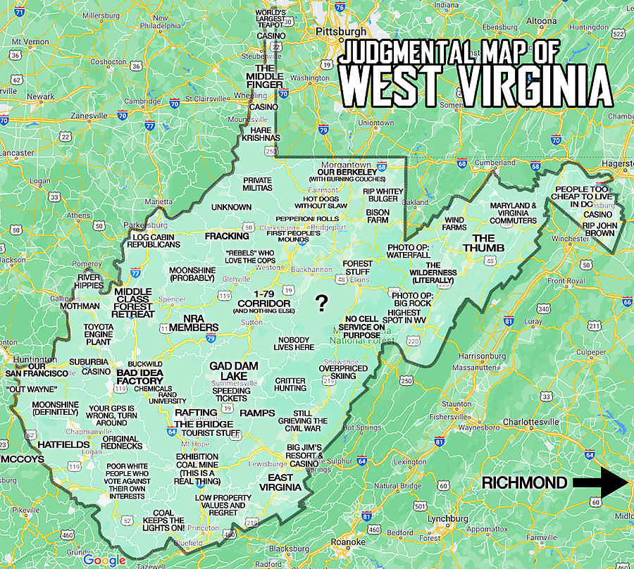 West Virginia Digital Art - Judgmental Map of West Virginia by Aaron-Michael Fox