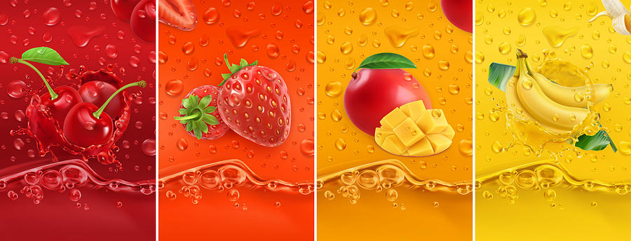 Juicy and fresh fruit. Cherry, strawberry, mango, banana. Dew drops and splash. 3d vector realistic set. High quality 50mb eps Drawing by Allevinatis