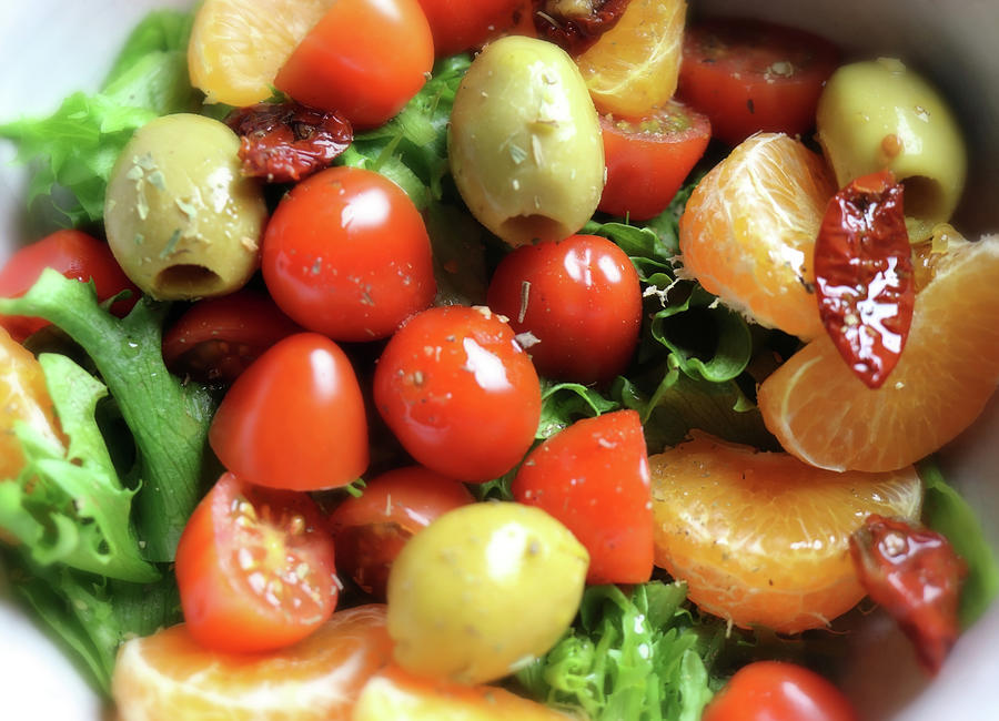 Juicy Mandarin Tomato Olive Salad Photograph by Johanna Hurmerinta