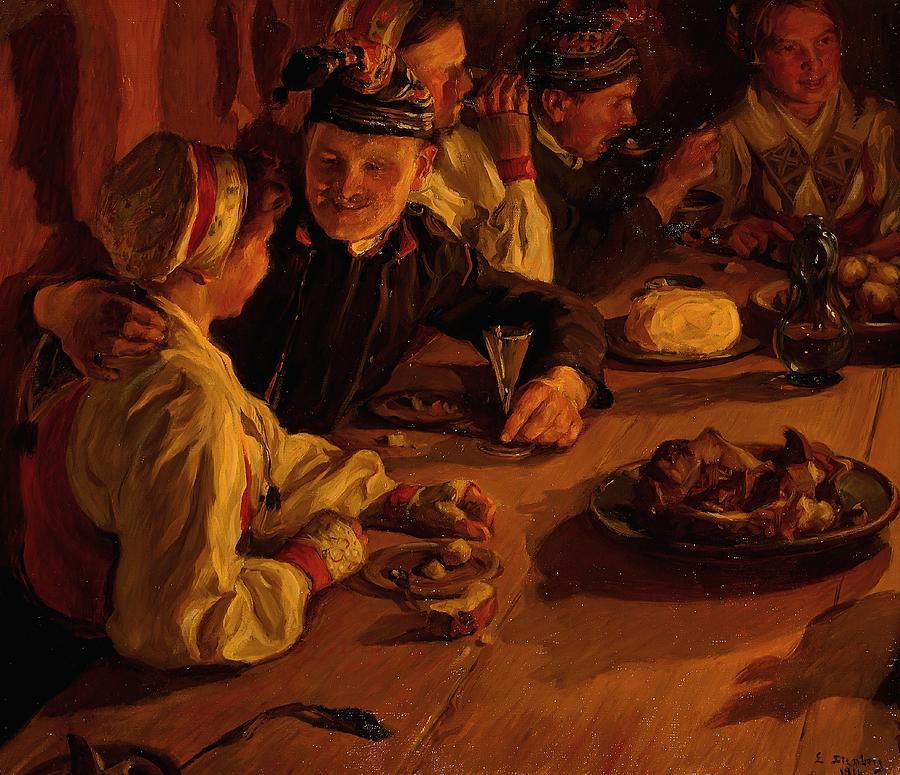 Dalarna Painting -  Julagille i Dalarna by Emerik Stenberg 1873-1927