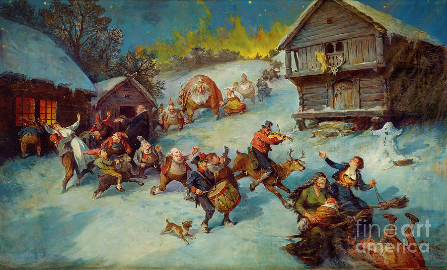 Julereia, Christmas mob, 1922 Painting by O Vaering by Nils Bergslien