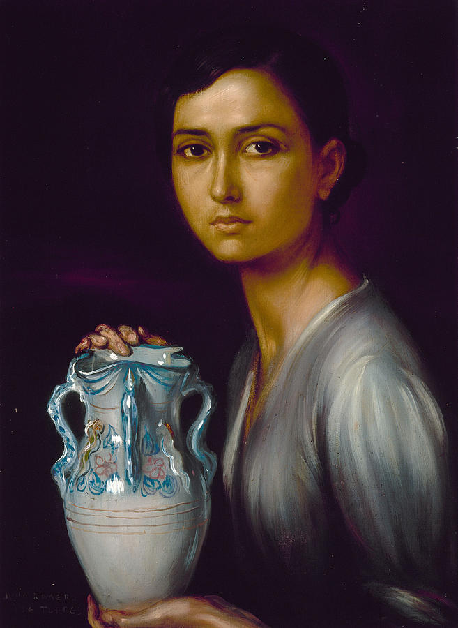 JULIO ROMERO DE TORRES/ THE GIRL IN THE JAR - 1928 - OIL AND TEMPERA ON CANVAS - 55x40. piconera. Painting by Julio Romero de Torres -1874-1930-