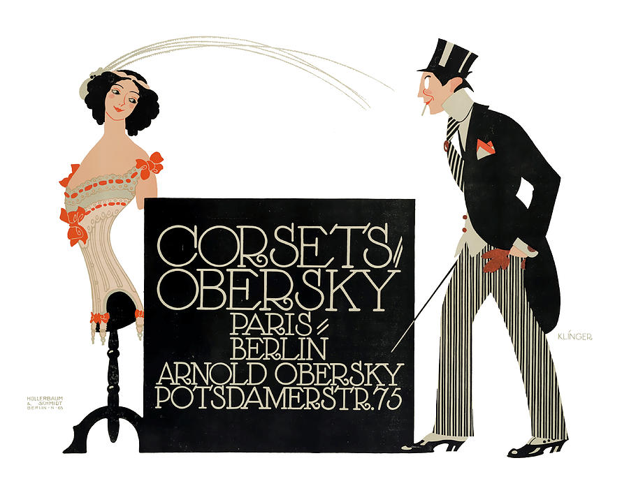Julius Klinger posters - Corsets Obersky Paris-Berlin, dress shop advertisement Drawing by Julius Klinger