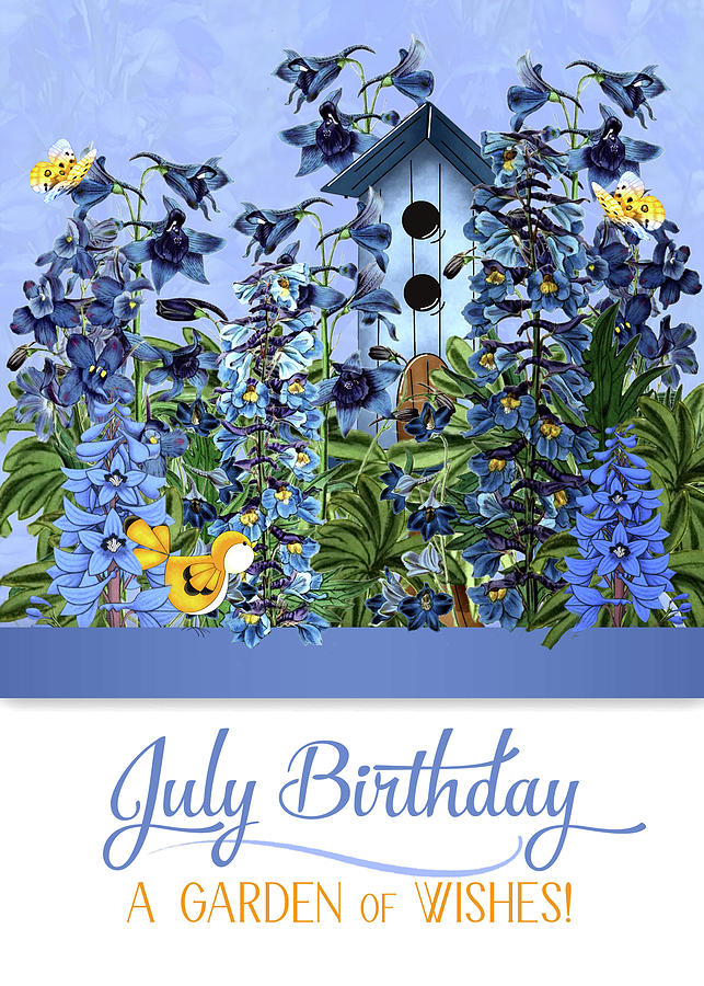 July Birthday Larkspur Garden with Butterflies and Birdhouse Digital Art by Doreen Erhardt