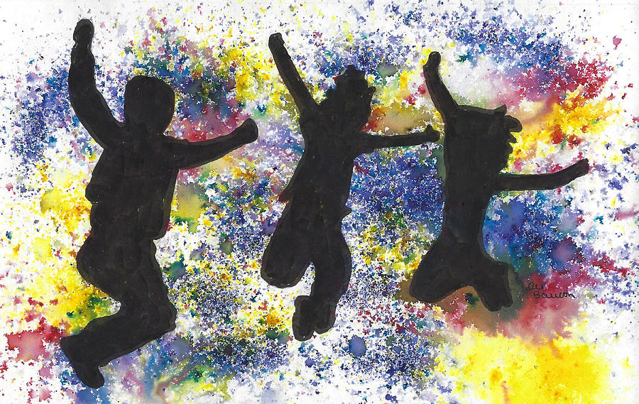 Jump Silhouette of Three People Jumping surrounded by a burst of Color Mixed Media by Ali Baucom