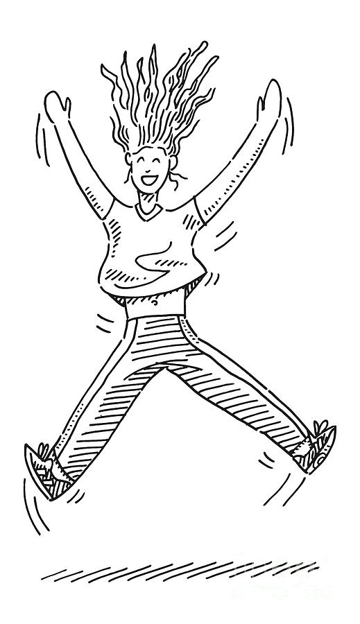 Black And White Drawing - Jumping Cartoon Woman Drawing by Frank Ramspott