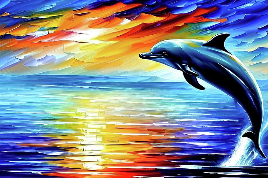 Jumping Dolphin During Colorful Sunset 2 Digital Art by Jill Nightingale