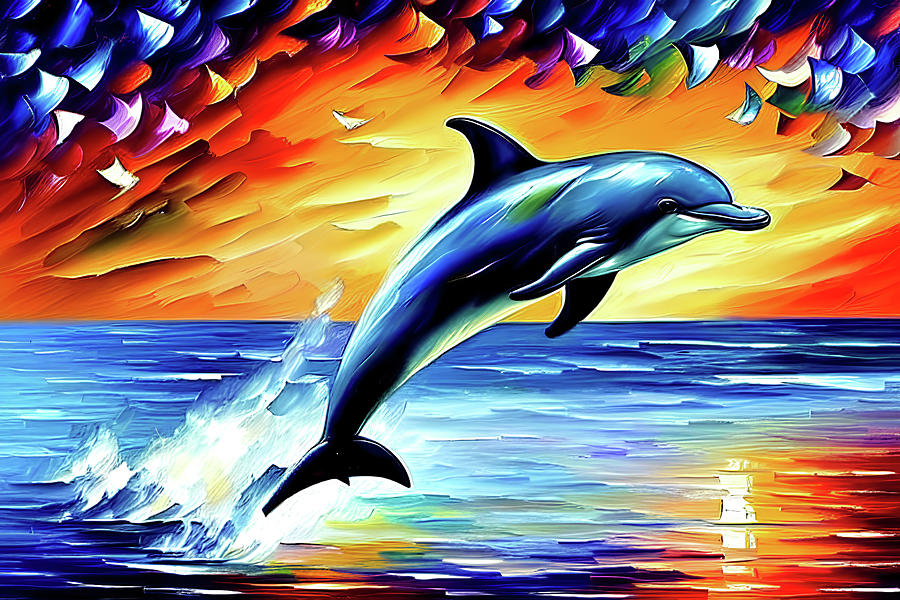 Jumping Dolphin During Colorful Sunset Digital Art by Jill Nightingale