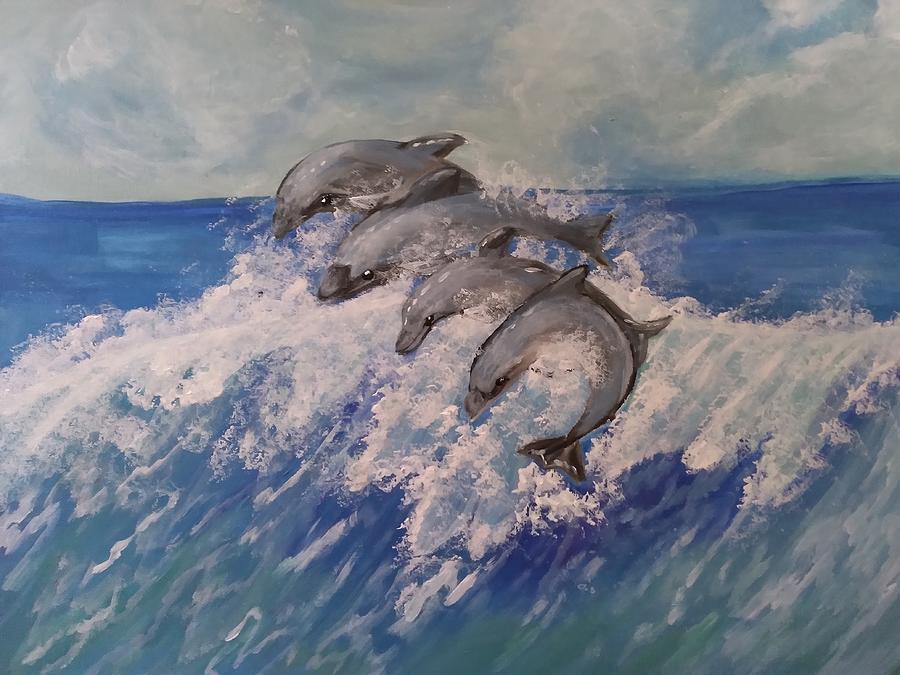 Jumping Dolphins  Painting by Barbara Fincher