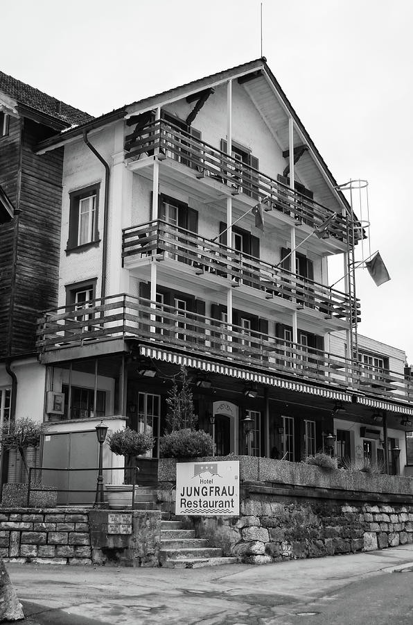 Jungfrau Hotel Springtime Lauterbrunnen Switzerland Black and White Photograph by Shawn OBrien