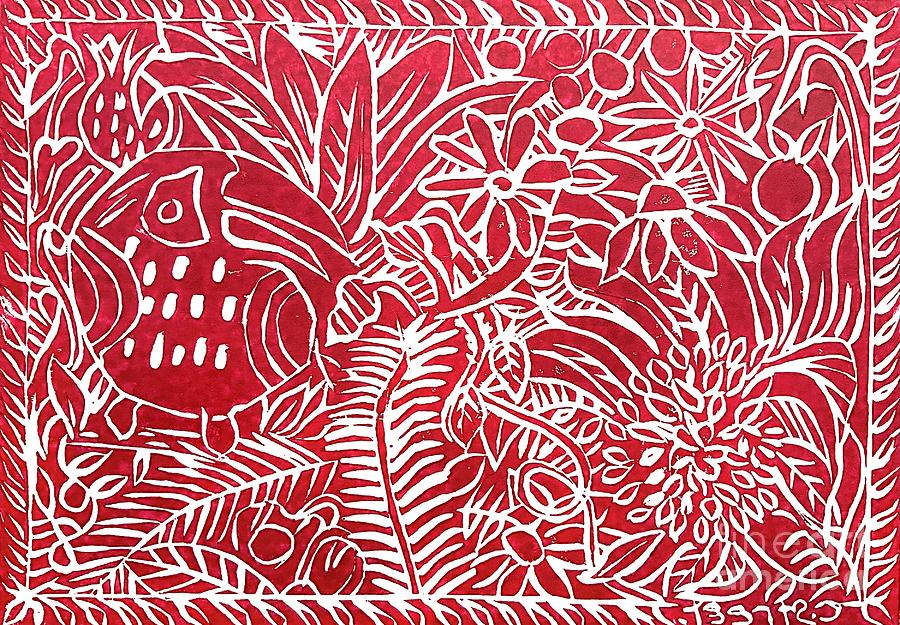 Jungle Scene With Toucan Red On White Relief