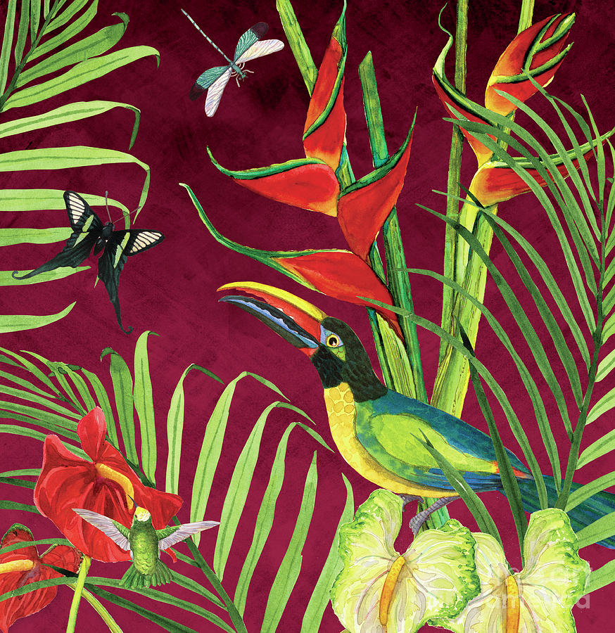 Jungle Toucan Floral with Butterfly, Dragonfly and Hummingbird Painting by Audrey Jeanne Roberts