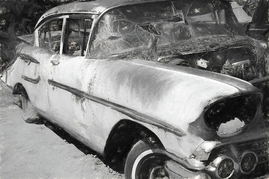 Junked Car Charcoal Photograph by Cathy Anderson