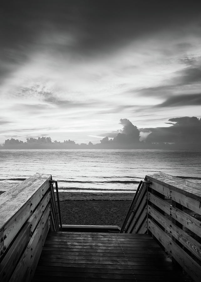 Black And White Photograph - Jupiter Beach Entry Sunrise Vertical by Laura Fasulo