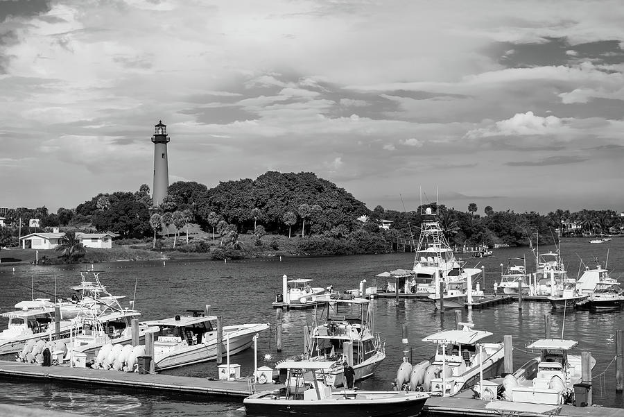Jupiter Inlet Lighthouse and Marina Bw Photograph by Laura Fasulo