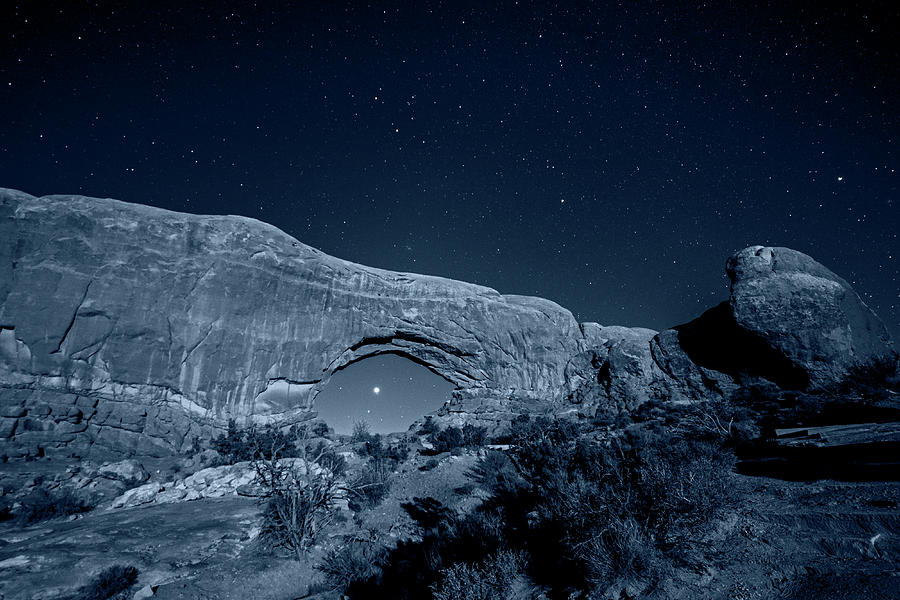 Jupiter and Saturn through the North Window in Arches National Park Moab Utah Monochrome Blue Nights Photograph by Toby McGuire