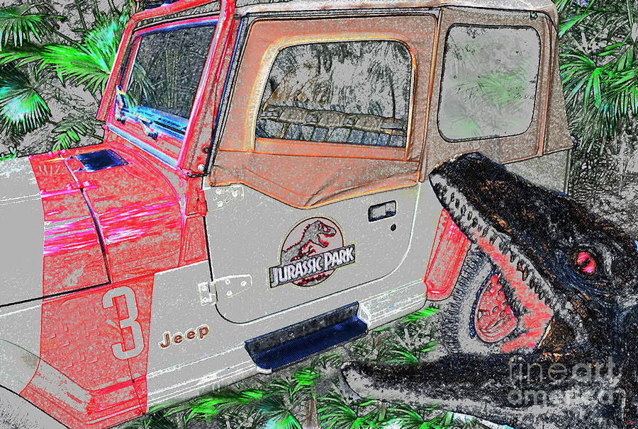 Jurassic Park Jeep and Velociraptor original work Mixed Media by David Lee Thompson
