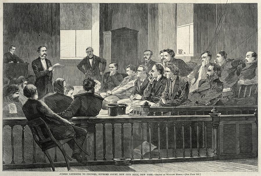 Jurors Listening to Counsel, Supreme Court, New City Hall, New York 1869 Winslow Homer  Painting by MotionAge Designs