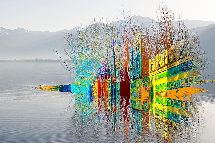 Juxtaposition City Street Bushes and Reflection in Lake With Mountain Painting by Tony Rubino