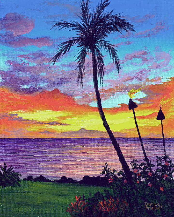 Sunset Painting - Kaanapali Tiki Torches by Darice Machel McGuire