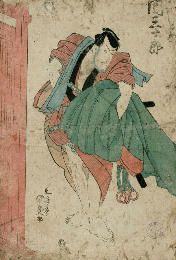 Kabuki theater scenes. Woman with lantern / Man with cloak under his arm. Drawing by Utagawa Kunisada -1786-1865- Yamamotoya Heikichi -19th cent -