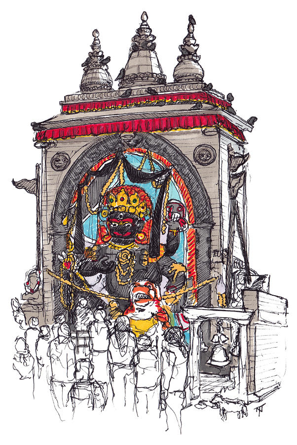 Nepal Drawing - Kal Bhairav - Durbar Square by Tom Napper