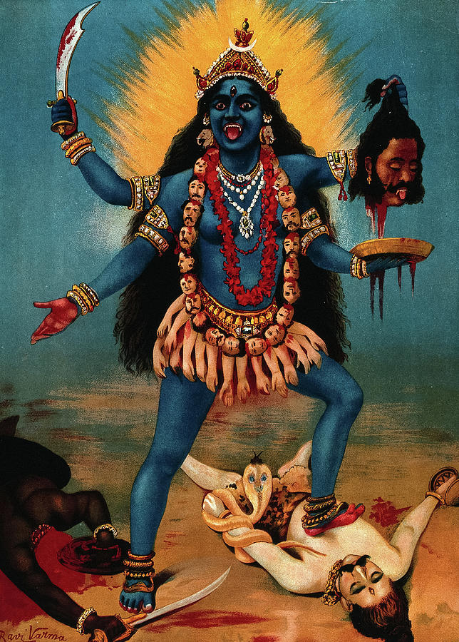 Cobra Painting - Kali trampling Shiva by Ravi Varma