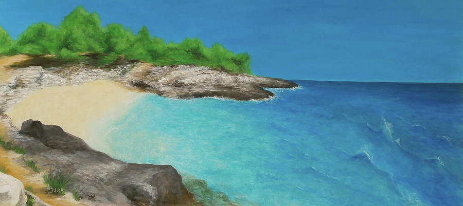 Adriatic Beach with Calm Blue Sea Painting, Summer in Croatia Art Painting by Aneta Soukalova