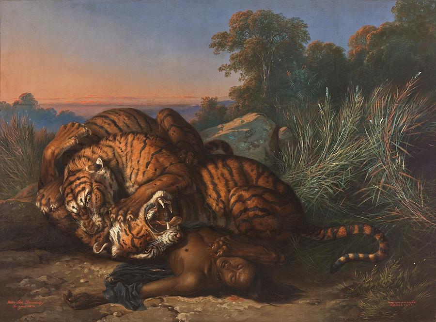 The Shining Drawing - Kampfende Tiger  by Raden Saleh Indonesian