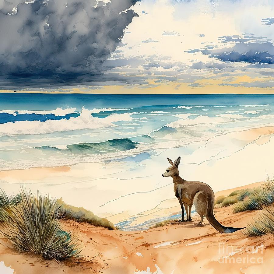 Wildlife Painting - Kangaroo At Beach by N Akkash