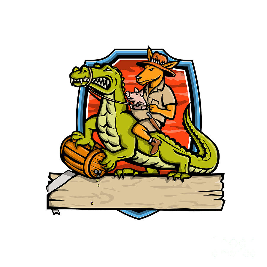 Kangaroo Riding Crocodile Crest Mascot Digital Art