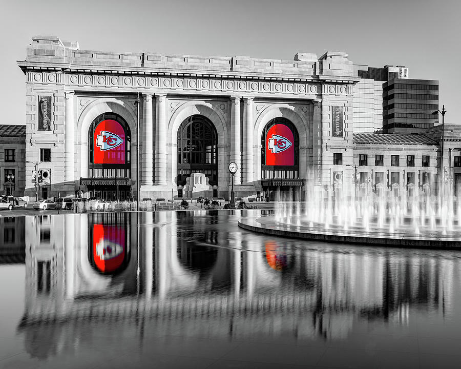 Kansas City Bloch Fountain and Union Station with Chiefs Banners Photograph by Gregory Ballos