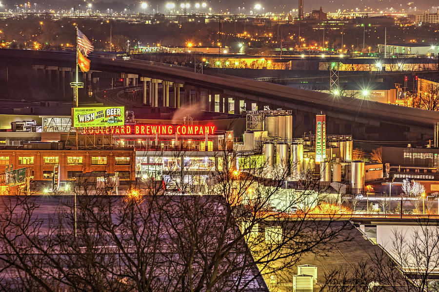 Kansas City Boulevard Brewing Company Neon And Smokestack Photograph by Gregory Ballos