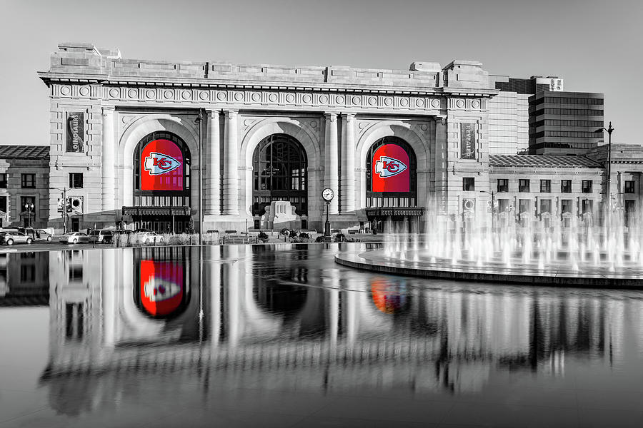 Kansas City Football Banners on Union Station - Selective Color Photograph by Gregory Ballos