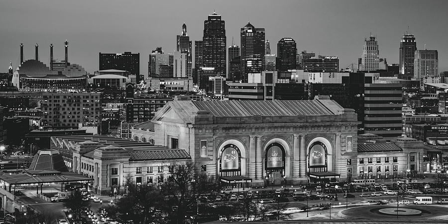 Kansas City Chiefs Photograph - Kansas City Chiefs Union Station and Skyline Monochrome Panorama by Gregory Ballos
