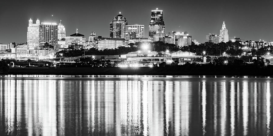 Kansas City Evening Skyline Panorama Over The River - Black And White Edition Photograph by Gregory Ballos