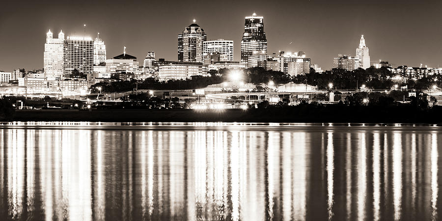 Kansas City Evening Skyline Panorama Over The River - Classic Sepia Edition Photograph by Gregory Ballos