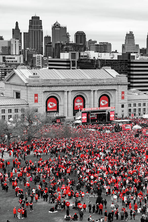 Kansas City Football Fans Gather Into A Sea of Red - Selective Color Photograph by Gregory Ballos