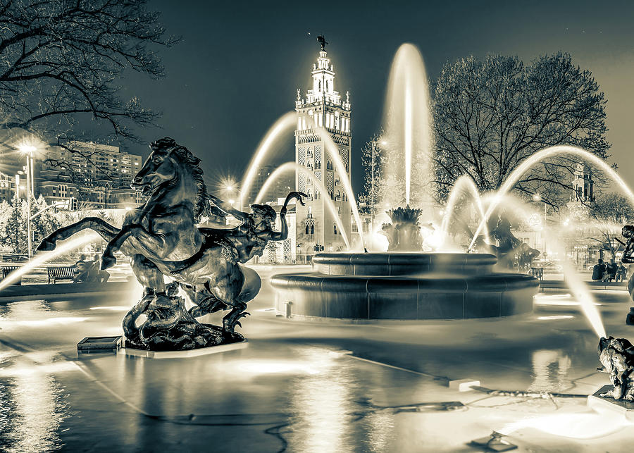 Kansas City J.C. Nichols Fountain and Plaza - Sepia Photograph by Gregory Ballos