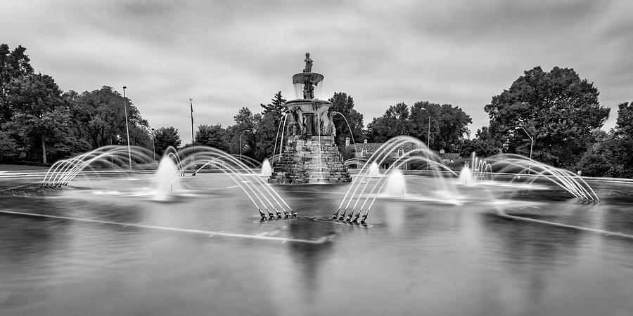 Kansas City Photograph - Kansas City Meyer Circle Sea Horse Fountain Black and White Panorama by Gregory Ballos