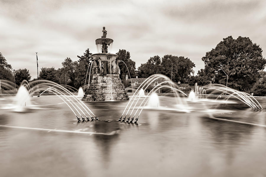 Kansas City Photograph - Kansas City Meyer Circle Sea Horse Fountain - Sepia by Gregory Ballos