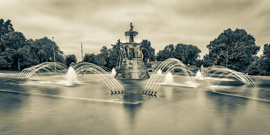 Kansas City Photograph - Kansas City Meyer Circle Sea Horse Fountain Sepia Panorama by Gregory Ballos