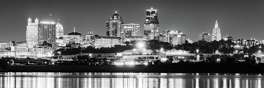 Kansas City Missouri Skyline Panorama Along The Riverfront - Black And White Photograph by Gregory Ballos