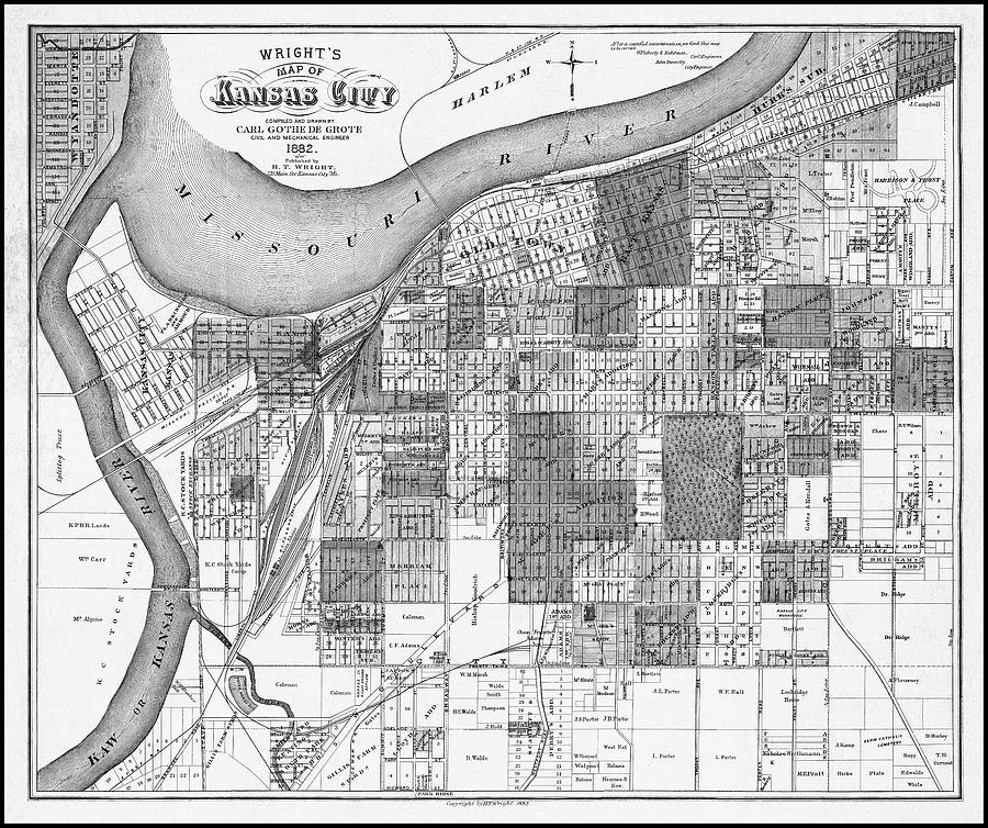 Kansas City Missouri Vintage Map 1882 Black and White Photograph by ...